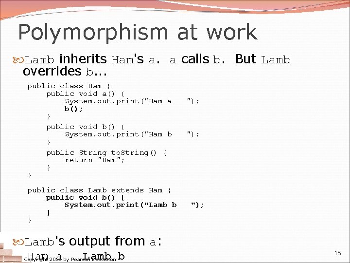 Polymorphism at work Lamb inherits Ham's a. a calls b. But Lamb overrides b.