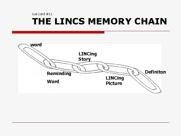 cue card #11 THE LINCS MEMORY CHAIN word LINCing Story Reminding Word Definiton LINCing