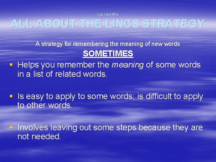 cue card #3 a ALL ABOUT THE LINCS STRATEGY A strategy for remembering the