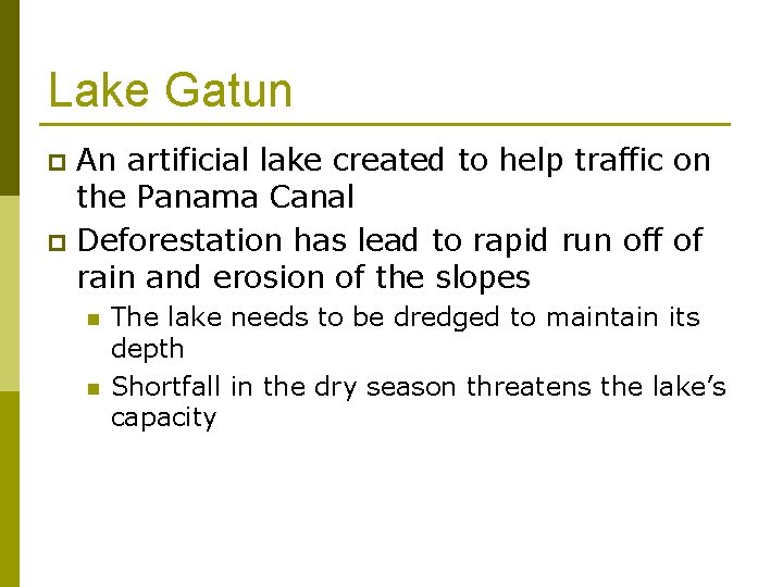 Lake Gatun An artificial lake created to help traffic on the Panama Canal p