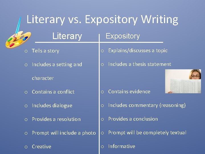 Literary vs. Expository Writing Literary Expository o Tells a story o Explains/discusses a topic