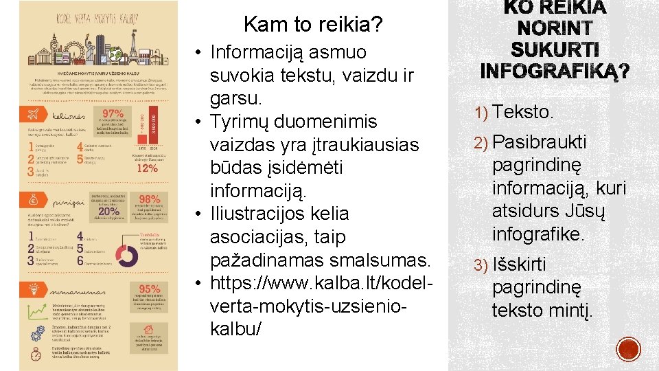 Kam to reikia? • Informaciją asmuo suvokia tekstu, vaizdu ir garsu. • Tyrimų duomenimis