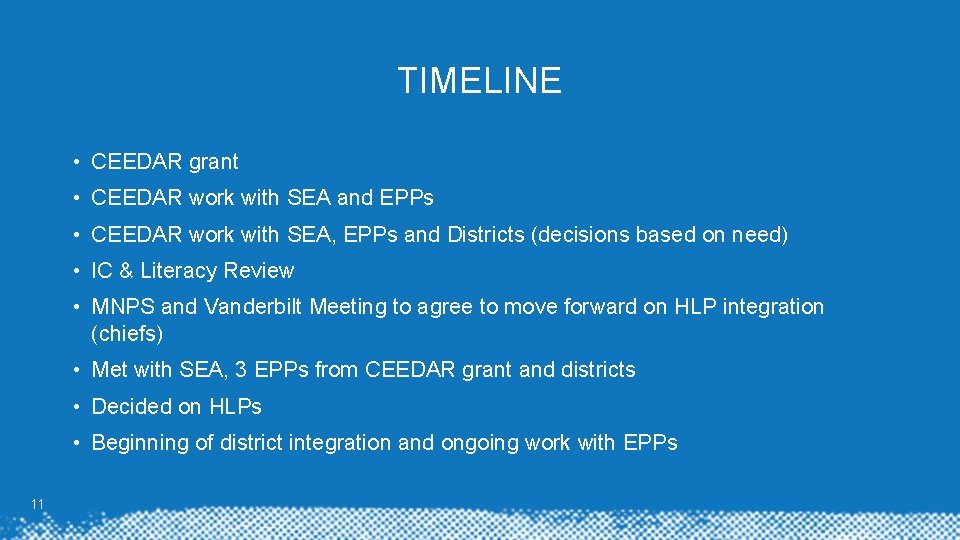 TIMELINE • CEEDAR grant • CEEDAR work with SEA and EPPs • CEEDAR work