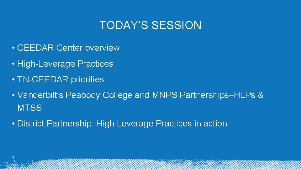 TODAY’S SESSION • CEEDAR Center overview • High-Leverage Practices • TN-CEEDAR priorities • Vanderbilt’s