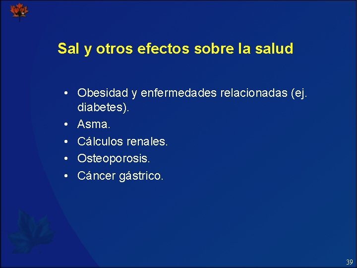 Sal y otros efectos sobre la salud • Obesidad y enfermedades relacionadas (ej. diabetes).