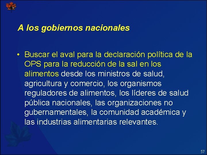 A los gobiernos nacionales • Buscar el aval para la declaración política de la