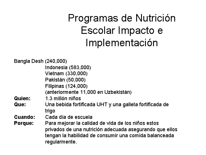 Programas de Nutrición Escolar Impacto e Implementación Bangla Desh (240, 000) Indonesia (583, 000)