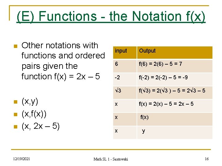 (E) Functions - the Notation f(x) n n Other notations with functions and ordered