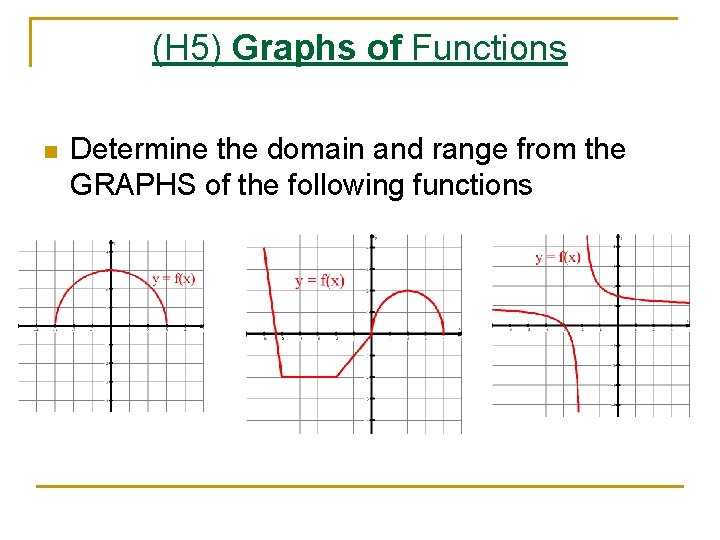 (H 5) Graphs of Functions n Determine the domain and range from the GRAPHS