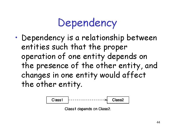 Dependency • Dependency is a relationship between entities such that the properation of one