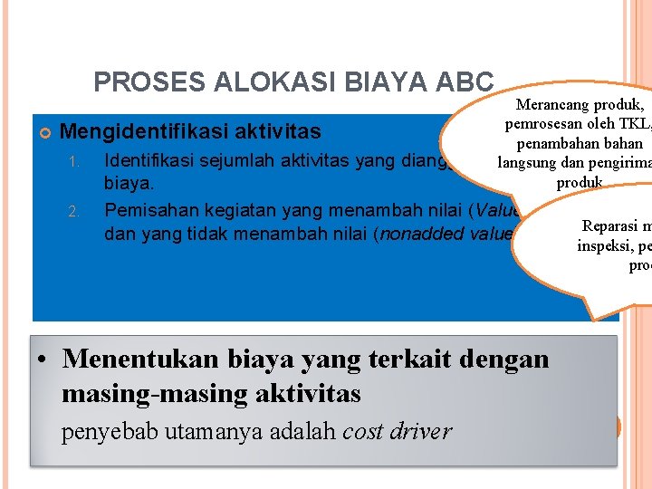 PROSES ALOKASI BIAYA ABC Merancang produk, pemrosesan oleh TKL, Mengidentifikasi aktivitas penambahan 1. Identifikasi