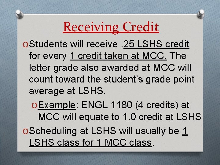 Receiving Credit O Students will receive. 25 LSHS credit for every 1 credit taken