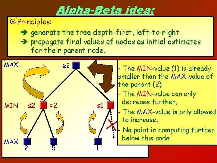 Alpha-Beta idea: ¤ Principles: è generate the tree depth-first, left-to-right è propagate final values