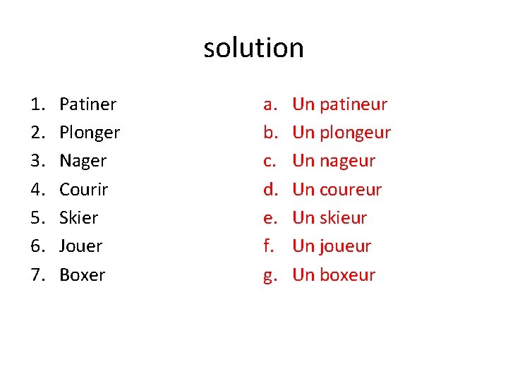 solution 1. 2. 3. 4. 5. 6. 7. Patiner Plonger Nager Courir Skier Jouer