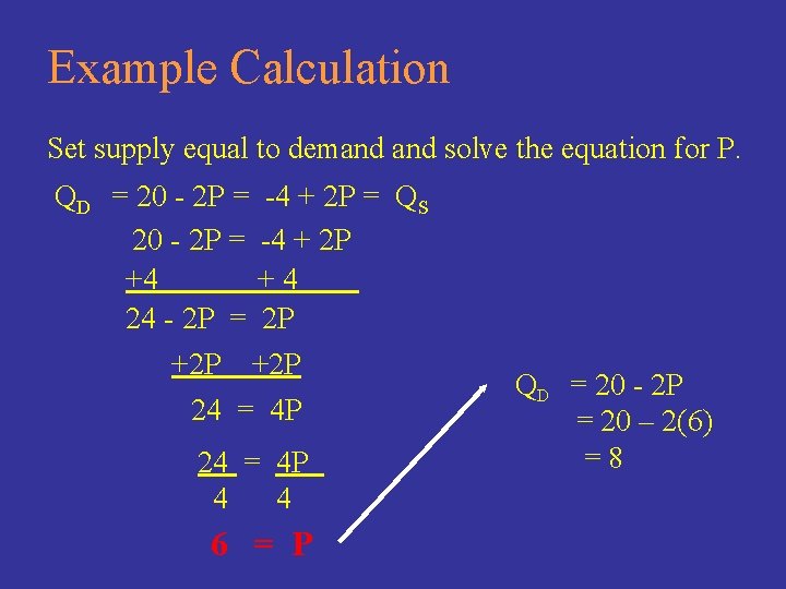 Example Calculation Set supply equal to demand solve the equation for P. QD =