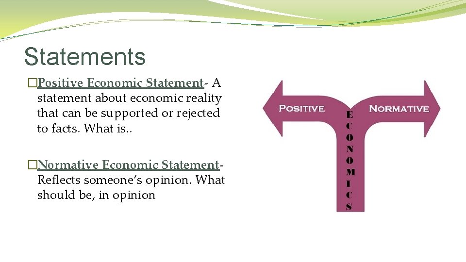 Statements �Positive Economic Statement- A statement about economic reality that can be supported or