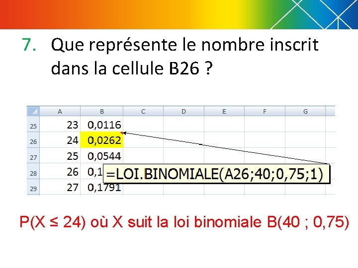 7. Que représente le nombre inscrit dans la cellule B 26 ? P(X ≤