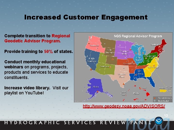 Increased Customer Engagement Complete transition to Regional Geodetic Advisor Program. Provide training to 50%