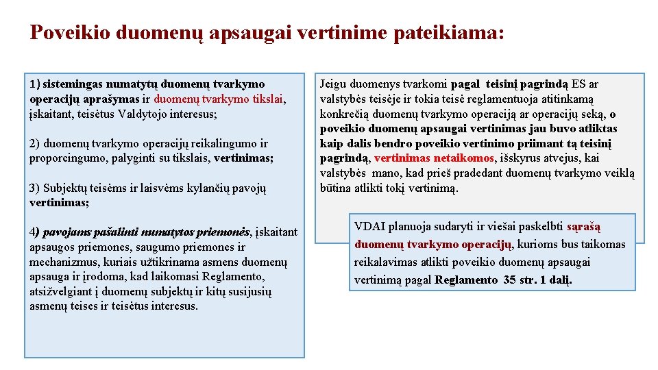 Poveikio duomenų apsaugai vertinime pateikiama: 1) sistemingas numatytų duomenų tvarkymo operacijų aprašymas ir duomenų