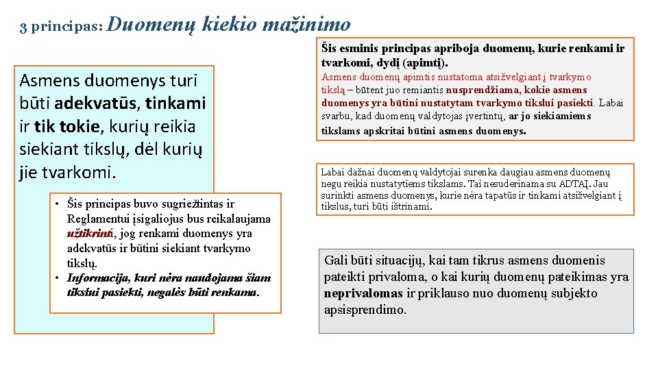 3 principas: Duomenų kiekio mažinimo Asmens duomenys turi būti adekvatūs, tinkami ir tik tokie,