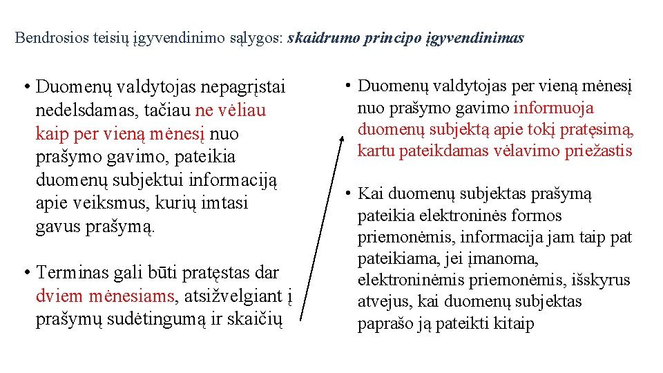 Bendrosios teisių įgyvendinimo sąlygos: skaidrumo principo įgyvendinimas • Duomenų valdytojas nepagrįstai nedelsdamas, tačiau ne