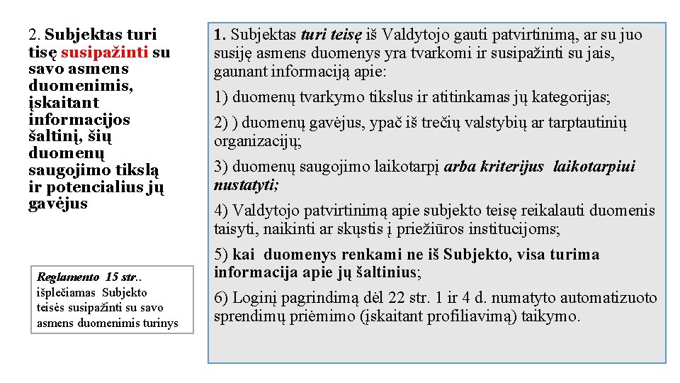 2. Subjektas turi tisę susipažinti su savo asmens duomenimis, įskaitant informacijos šaltinį, šių duomenų