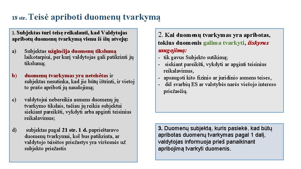 18 str. Teisė apriboti duomenų tvarkymą 1. Subjektas turi teisę reikalauti, kad Valdytojas apribotų