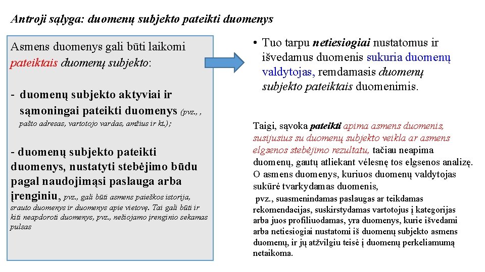 Antroji sąlyga: duomenų subjekto pateikti duomenys Asmens duomenys gali būti laikomi pateiktais duomenų subjekto: