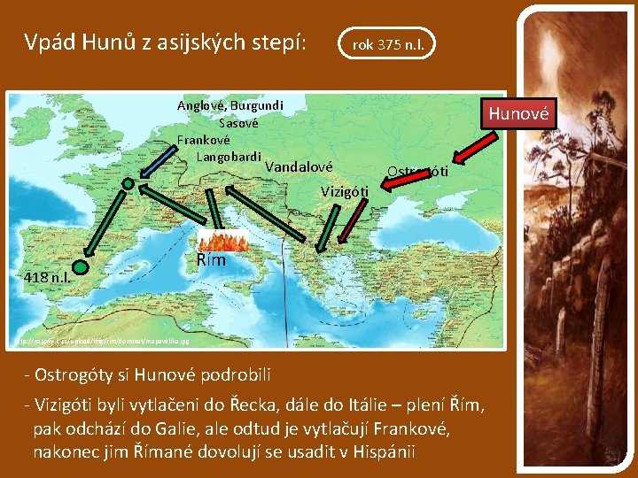 Vpád Hunů z asijských stepí: rok 375 n. l. Anglové, Burgundi Sasové Frankové Langobardi