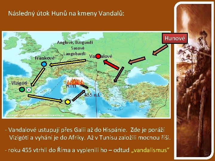 Následný útok Hunů na kmeny Vandalů: Frankové Anglové, Burgundi Sasové Langobardi Vizigóti Hunové Vandalové