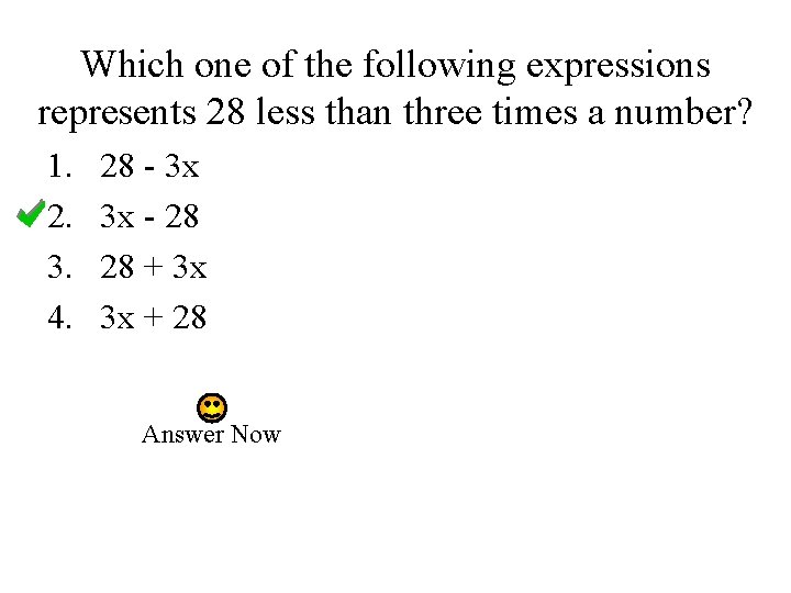 Which one of the following expressions represents 28 less than three times a number?