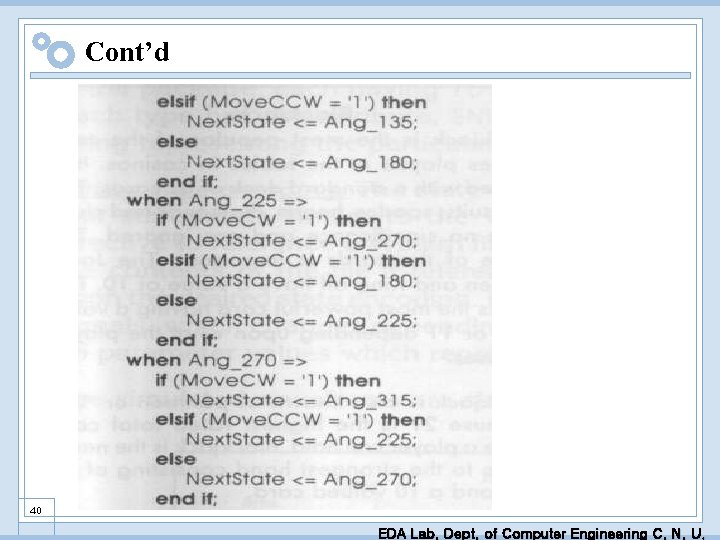 Cont’d 40 EDA Lab. Dept. of Computer Engineering C. N. U. 