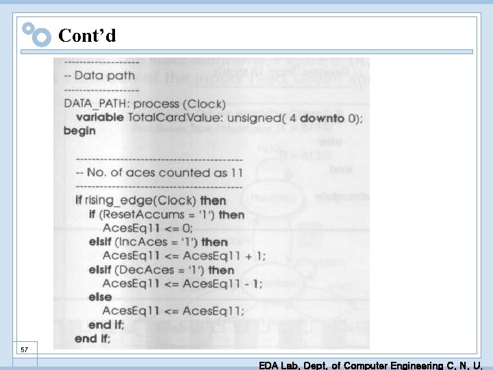 Cont’d 57 EDA Lab. Dept. of Computer Engineering C. N. U. 