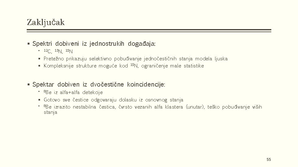 Zaključak § Spektri dobiveni iz jednostrukih događaja: § 12 C, 13 N, 15 N