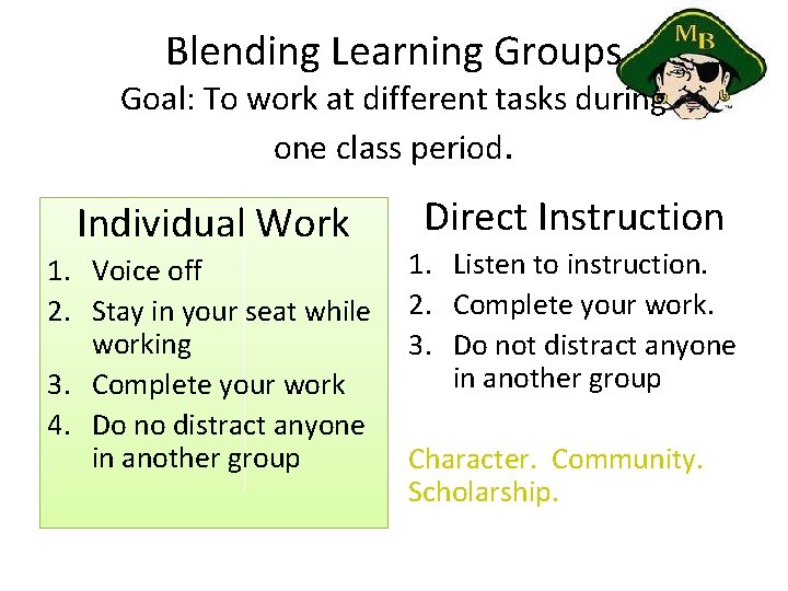 Blending Learning Groups Goal: To work at different tasks during one class period. Individual
