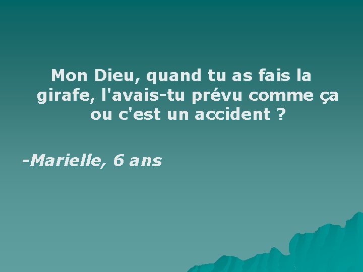 Mon Dieu, quand tu as fais la girafe, l'avais-tu prévu comme ça ou c'est