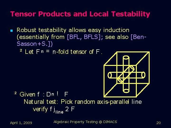 Tensor Products and Local Testability n Robust testability allows easy induction (essentially from [BFL,