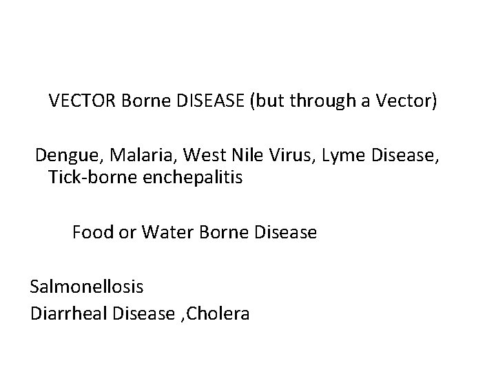VECTOR Borne DISEASE (but through a Vector) Dengue, Malaria, West Nile Virus, Lyme Disease,