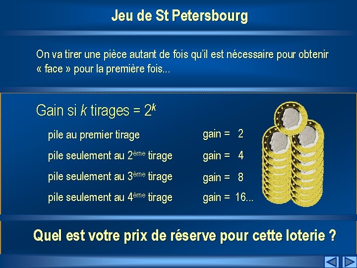 Jeu de St Petersbourg On va tirer une pièce autant de fois qu’il est