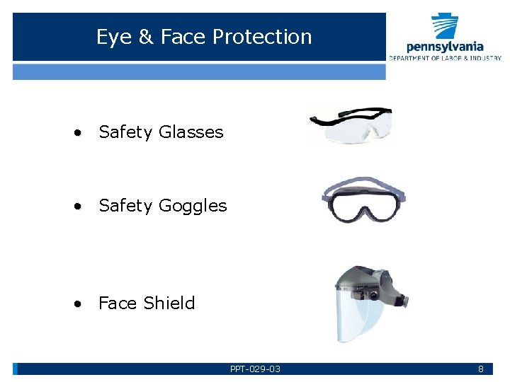 Eye & Face Protection • Safety Glasses • Safety Goggles • Face Shield PPT-029