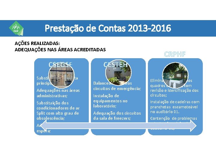 Prestação de Contas 2013 -2016 AÇÕES REALIZADAS: ADEQUAÇÕES NAS ÁREAS ACREDITADAS CSEGSF Substituição da