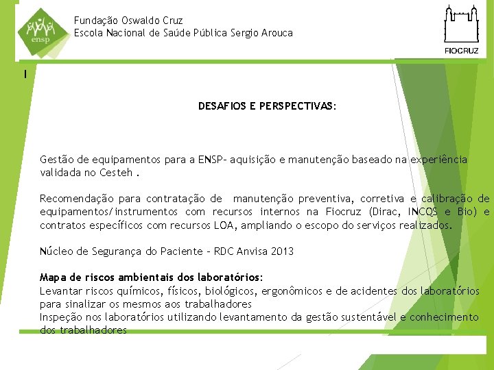 Fundação Oswaldo Cruz Escola Nacional de Saúde Pública Sergio Arouca l DESAFIOS E PERSPECTIVAS: