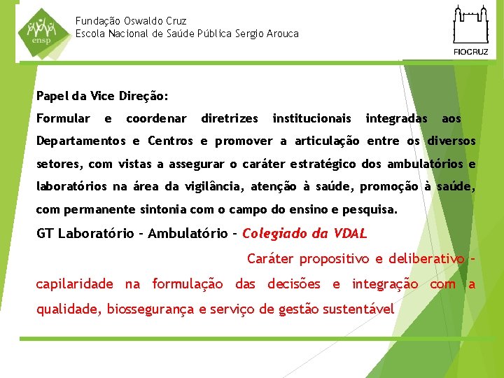 Fundação Oswaldo Cruz Escola Nacional de Saúde Pública Sergio Arouca Papel da Vice Direção: