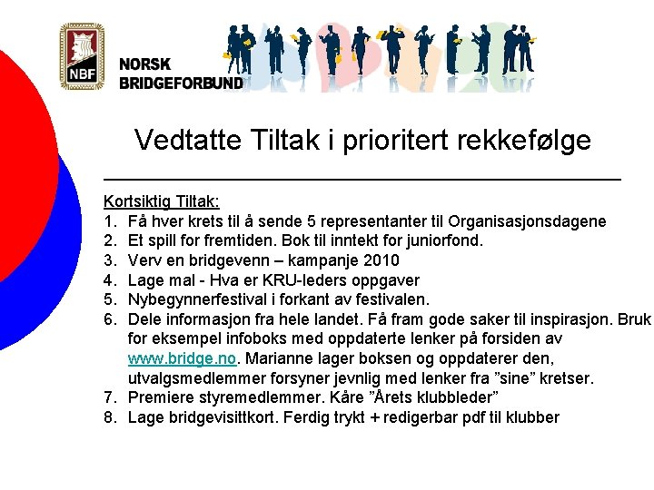 Vedtatte Tiltak i prioritert rekkefølge Kortsiktig Tiltak: 1. Få hver krets til å sende