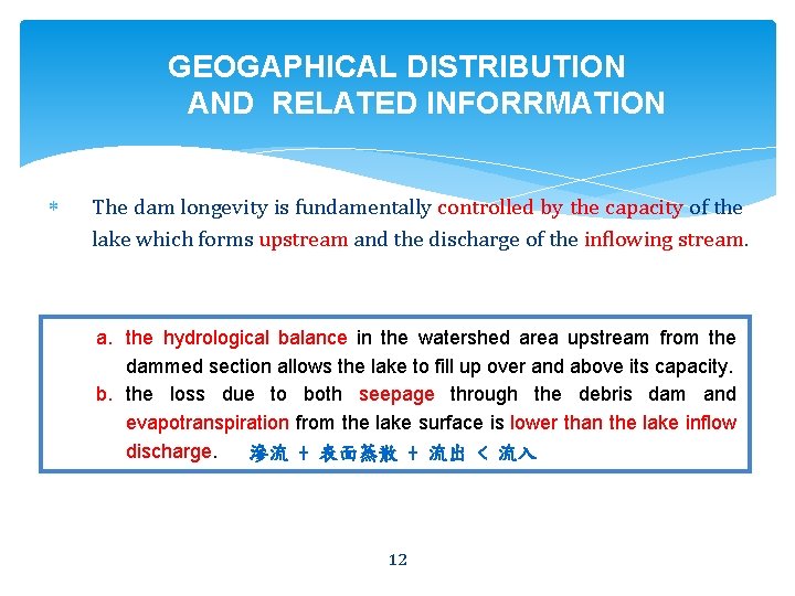 GEOGAPHICAL DISTRIBUTION AND RELATED INFORRMATION The dam longevity is fundamentally controlled by the capacity