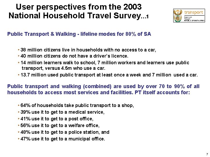User perspectives from the 2003 National Household Travel Survey… 1 Public Transport & Walking