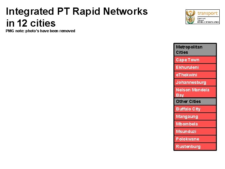 Integrated PT Rapid Networks in 12 cities PMG note: photo’s have been removed Metropolitan