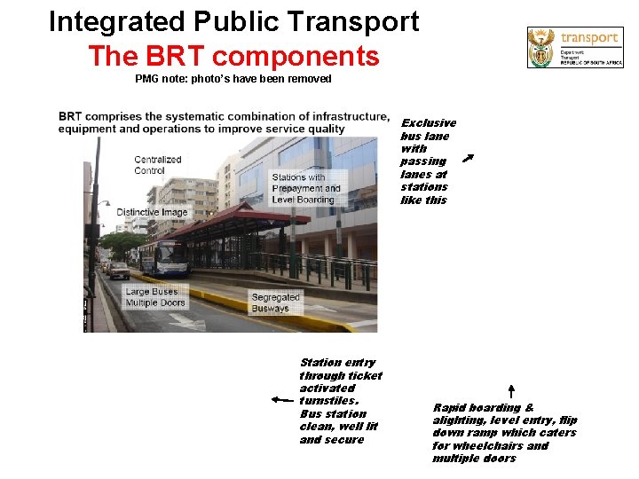 Integrated Public Transport The BRT components PMG note: photo’s have been removed Exclusive bus