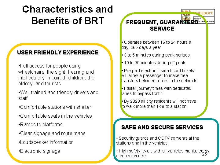 Characteristics and Benefits of BRT USER FRIENDLY EXPERIENCE • Full access for people using