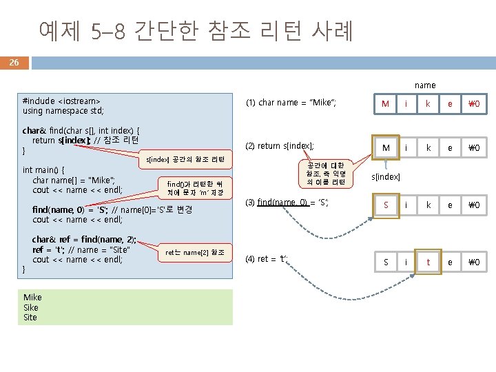 예제 5– 8 간단한 참조 리턴 사례 26 name #include <iostream> using namespace std;